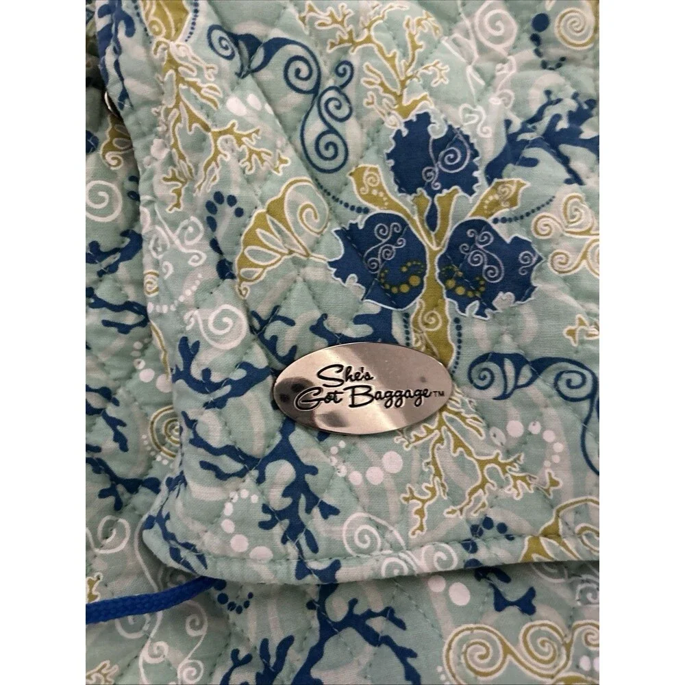 She’s Got Baggage Floral Drawstring Backpack Blue Green White Snap Zip Pockets